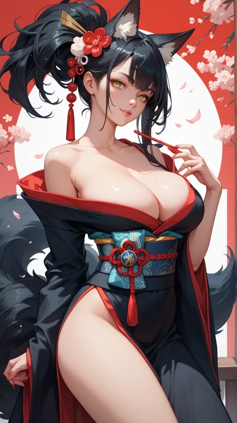 Black hair black tail black closed kimono with a red outline yellow eyes full heigth fox woman big breasts