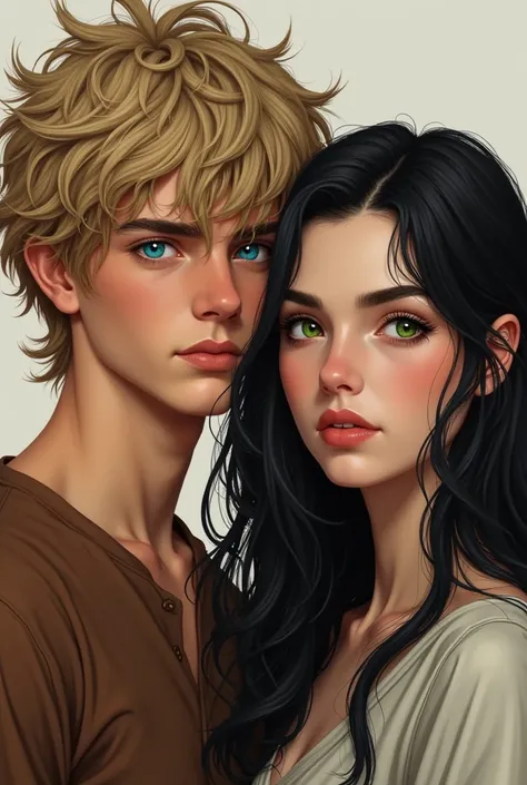 Create image boy with blonde bushy hair and blue eyes and girl with black hair and green eyes. Realistic. And they are 18 years old
