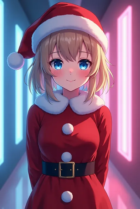  Masterpiece,  best quality , Very detailed, illustration,1 girl,  is looking at the audience,  best quality ,depth of field,(Closed mouth,Bright smile, blue eyes :1.1),Beautiful fluorescent lighting, details , (Santa Claus suit:1.3),( hands behind :1.3),(...