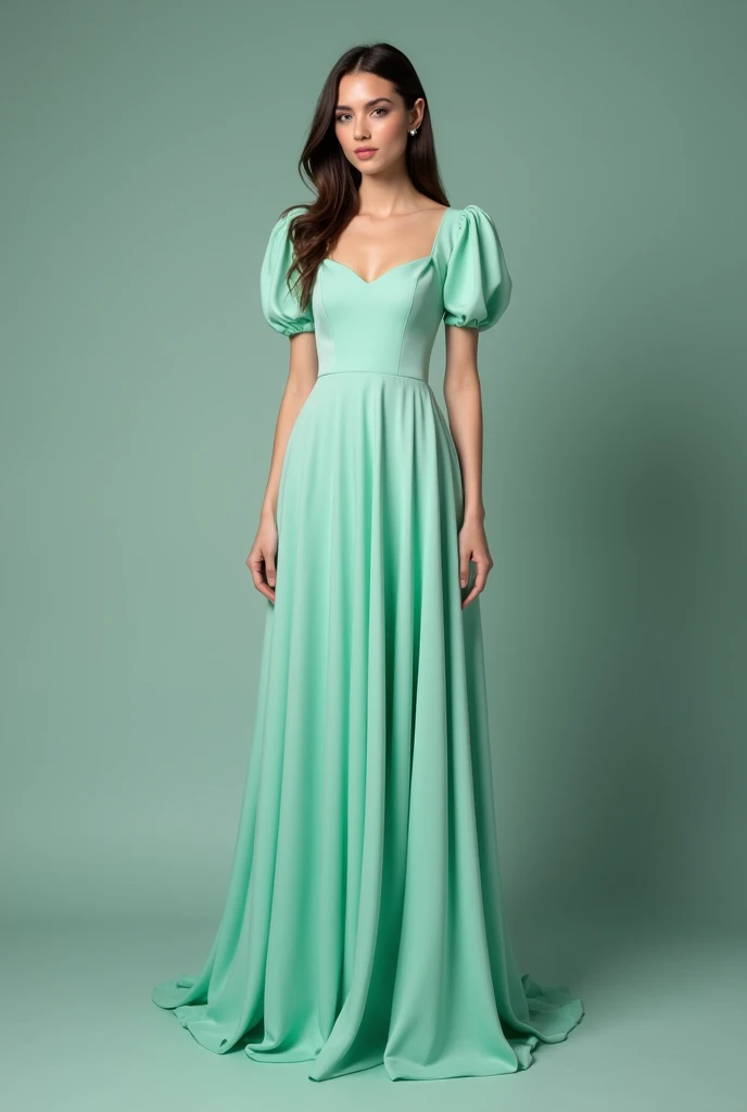 Mint green princess neckline dress that does not show the breasts , with tulip sleeves ,  tight from the waist up and loose from the waist down in silk