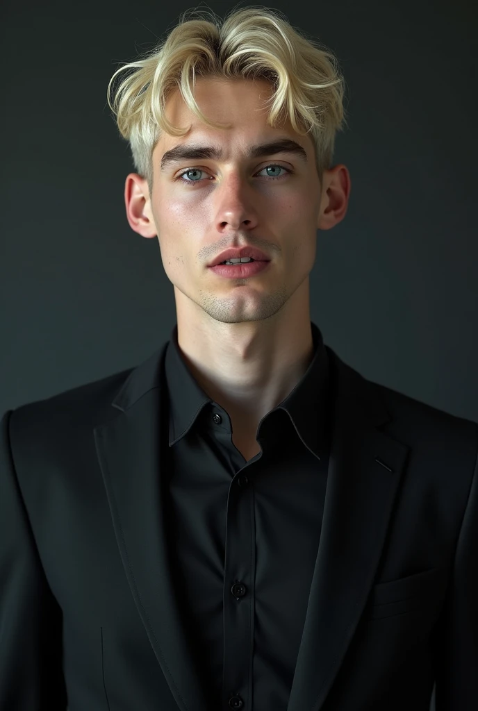  create realistic image of a white man ,  short blond hair , beautiful ,  Blue Eyes ,  elegant black clothes and vampire traits on the teeth. with a captivating and hypnotic look  , with an athletic body