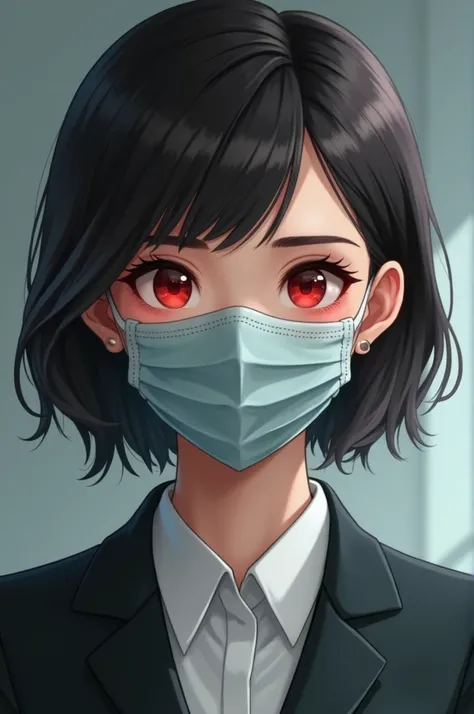  22-year-old woman , Pretty girl with short hair, red eyes and with a mask and her management work outfit