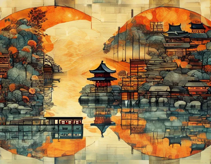 Masterpiece, best quality, high resolution, best composition, dynamic composition, Zentangle style, abstract landscape, old Kyoto cityscape, wooden walkway lined with shrines and temples, riverside street, cityscape reflected on the water, orange sky and c...