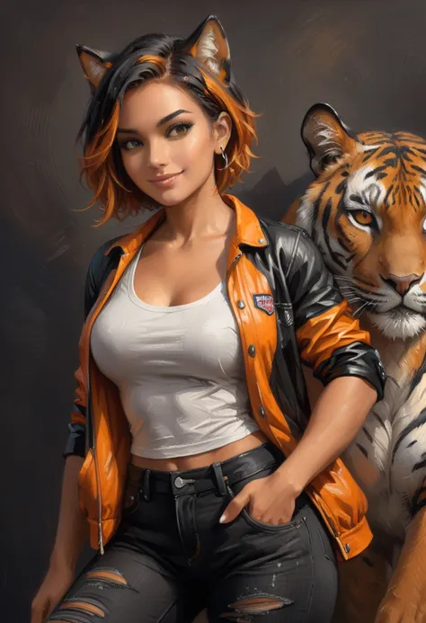 realistic soft oil painting, a character who is half-woman and half-tiger, realistic beautiful cute smiling (((22 year old woman))) half-turned, ((dynamic graceful sexy pose)), short (((black orange striped hair))), tiger ears, black orange tail, big human...