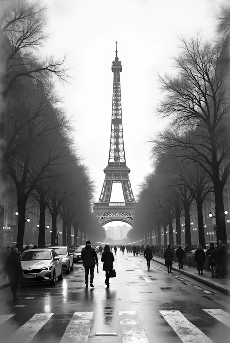 "Design an artistic graphic, Place a majestic image of paris road in black and white picture, slightly faded to give a classic touch, creating a vibrant, dynamic feel and picture should be in portrait like painted with dissolving edges and resolution shoul...