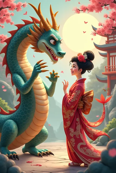 A dragon and a geisha oriental cartoon 