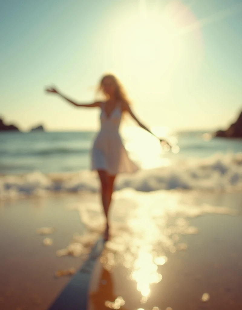 A blurry image of a young woman walking happily along the coastline, Kicking the waves, dream-like, blurry photography, blurry focus, blurry, unfocused, exposure time: 1/160, pinhole analog photo quality, sunlight shining through the blades, lens flare, li...