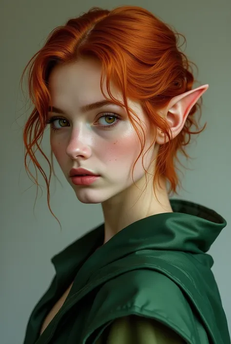  best quality ,  masterpiece ,  ultra high resolution, portrait, 1 garota,  Short red hair , Realistic hair, elfica,  pointy ears, Medieval green robe, close-up o rosto