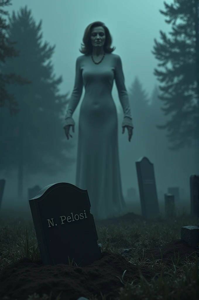 A haunting and surreal scene featuring Nancy Pelosi emerging from her grave, her torn tombstone reading N. Pelosi lying nearby, the scene framed to capture the eerie moment, the composition dynamic with Pelosis ghostly form rising from the earth, the backg...