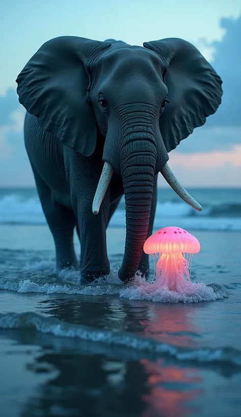 "A giant elephant and a glowing jellyfish interacting in a tranquil ocean bay, detailed textures of the elephants skin and the jellyfishs translucent, bioluminescent tentacles, waves gently rolling toward the shore, soft twilight light, cinematic lighting,...