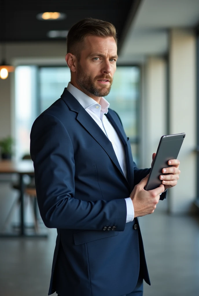 A professional, confident businessman standing in a modern office, wearing a dark blue tailored suit and a crisp white shirt. He is holding a tablet in one hand, posed in a side profile, looking focused and thoughtful.