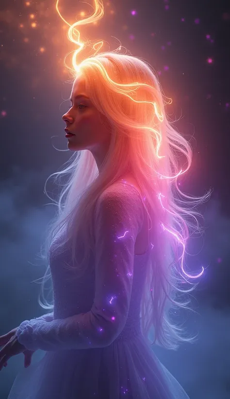 A glowing strand of hair illuminated in vibrant orange, purple, and blue, against a soft gradient background.