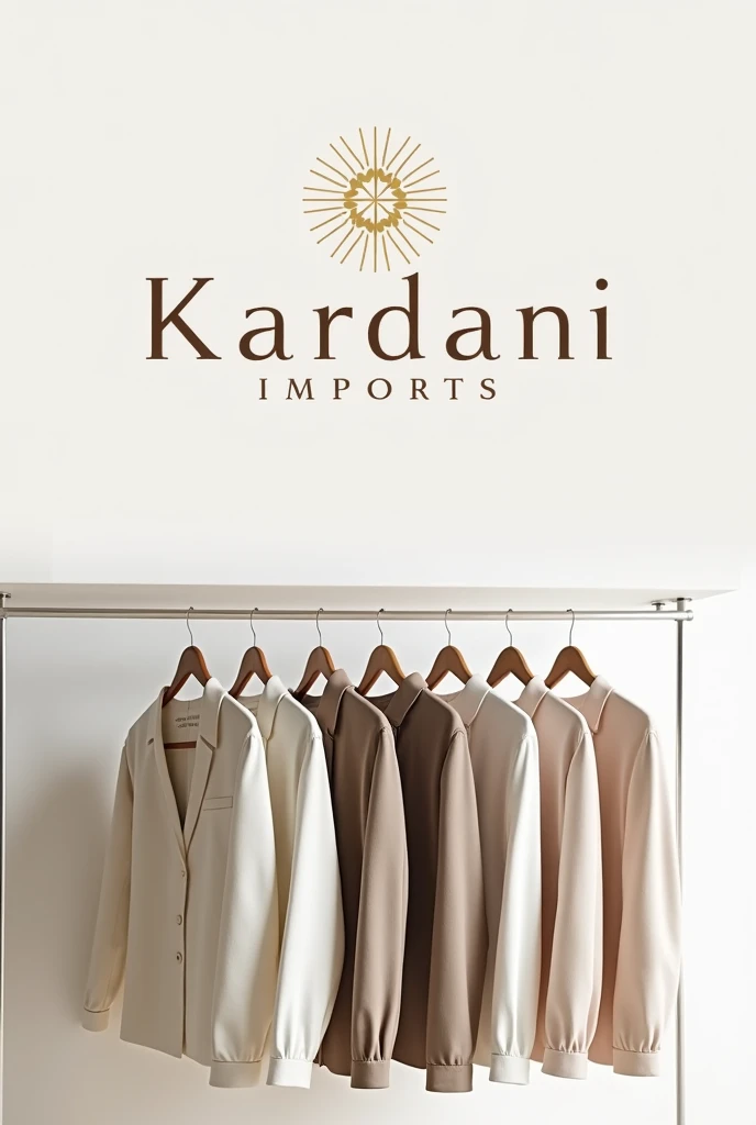 A logo with the name Kardani Imports modern letters with gold details is a white color that goes well with clothes
