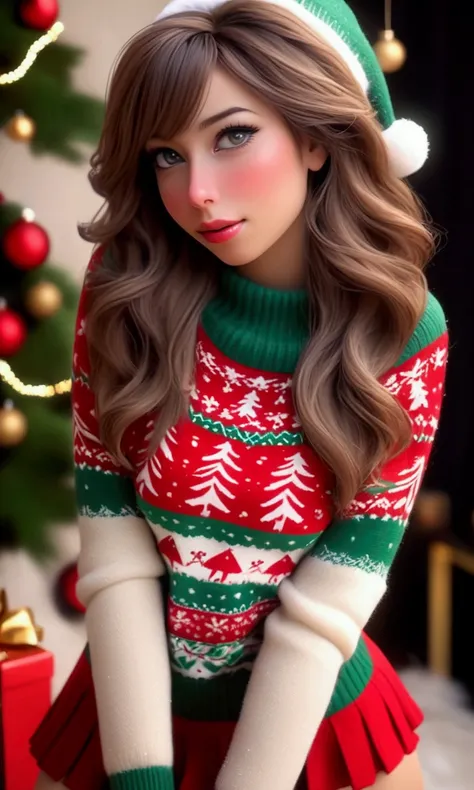 (seductive strip tease)a cute woman, beautiful detailed eyes, beautiful detailed lips, extremely detailed eyes and face, long eyelashes, 1girl, Christmas sweater, mini skirt, sexy leggings, fuzzy boots, gloves, toboggin, Christmas wonderland, (best quality...