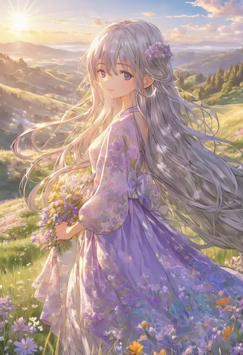 A highly detailed anime-style illustration of a beautiful girl standing in a serene meadow. She has long, flowing silver hair and vibrant violet eyes that sparkle under the sunlight. Her outfit is a flowing pastel-colored dress with intricate lace patterns...