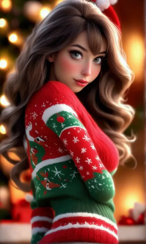 (seductive strip tease)a cute woman, beautiful detailed eyes, beautiful detailed lips, extremely detailed eyes and face, long eyelashes, 1girl, Christmas sweater, mini skirt, sexy leggings, fuzzy boots, gloves, toboggin, Christmas wonderland, (best quality...