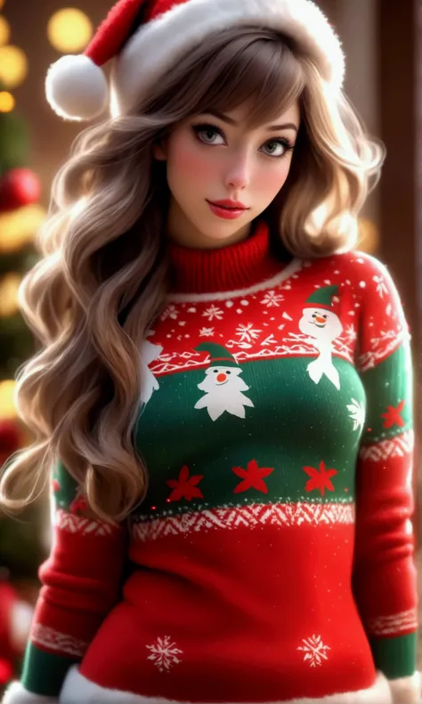 (seductive strip tease)a cute woman, beautiful detailed eyes, beautiful detailed lips, extremely detailed eyes and face, long eyelashes, 1girl, Christmas sweater, mini skirt, sexy leggings, fuzzy boots, gloves, toboggin, Christmas wonderland, (best quality...