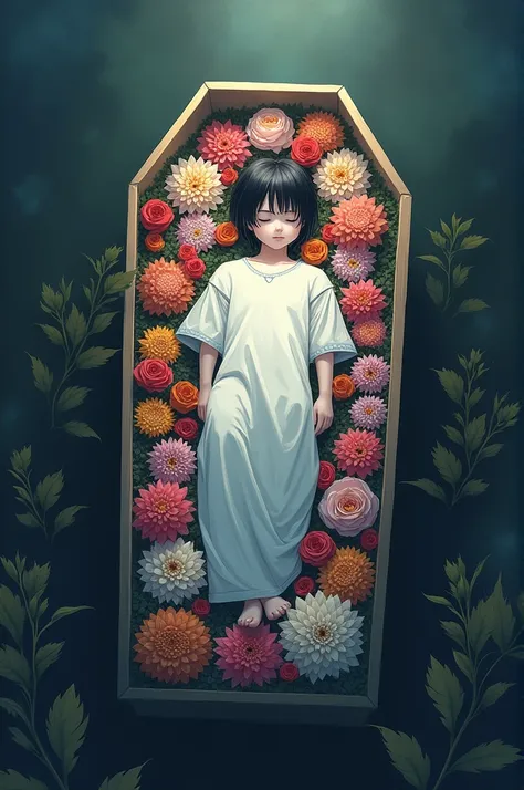 Boy in white clothing ,  dead in a coffin with flowers of different colors, anime