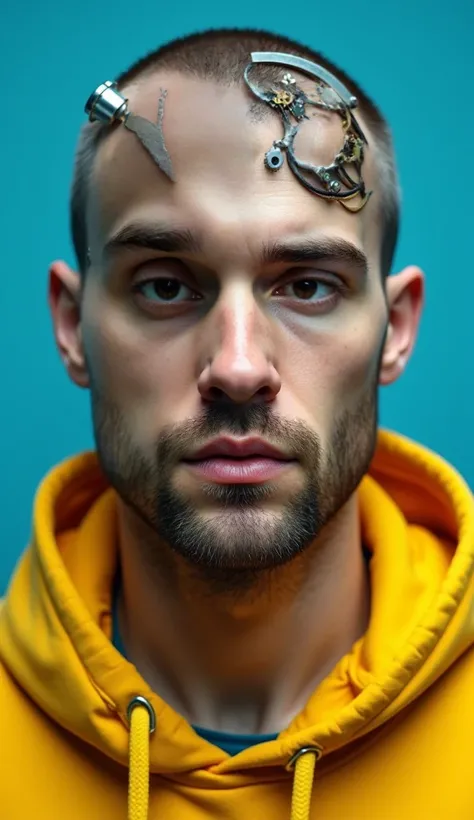 en face portrait of a European man , biomechanical parts on face, gears in the brain, yellow hoodie, blue background