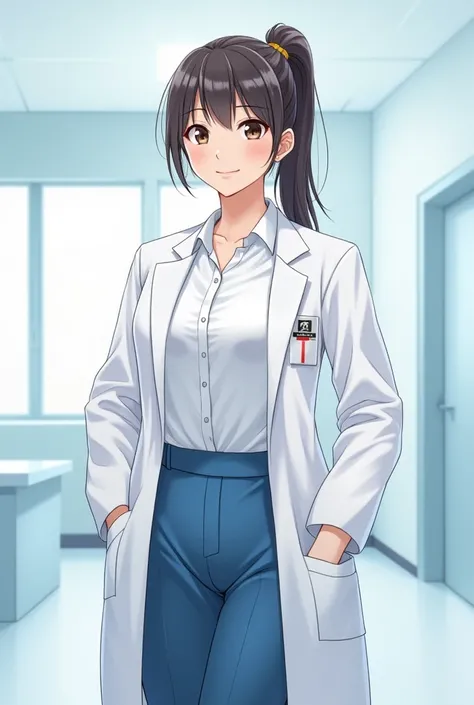 Drawing Format, Nurse white blouse blue pants hair tied in a lab coat on the side 