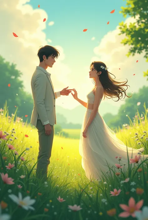 The cover image of the novel, she is the light, with a very handsome, white man reaching out his hand to pick up a beautiful woman who is in the middle of a beautiful meadow in anime style.