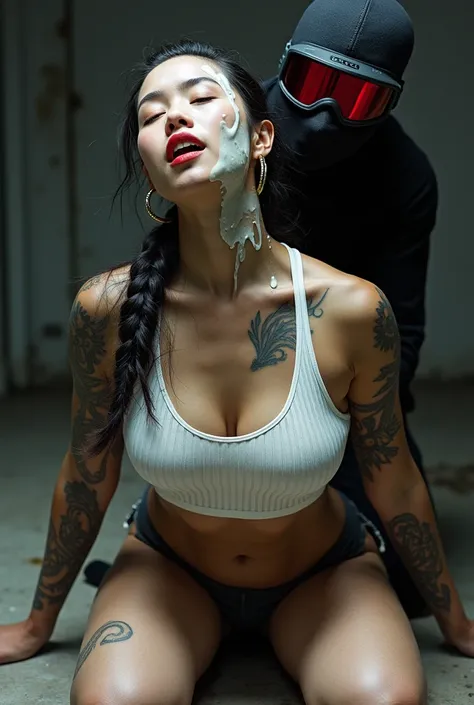  Gorgeous Asian woman, huge breasts, hoop earrings, ponytail that is braided, tattoos on chest, arms, neck, white ribbed tank top. One eye closed cause its covering in white ooze. Kneeling on ground, mouth open, head leaning back. 

Assassin wearing black ...