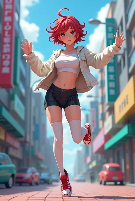  Little woman  ,  thin waist  ,  wide hips and huge breasts  ,  ultra detailed 3d anime ,  short disheveled red hair  ,  wore a white sweater with very long sleeves ,  open showing torso  ,  small short tied in black lycra  ,  white thigh-length stockings ...