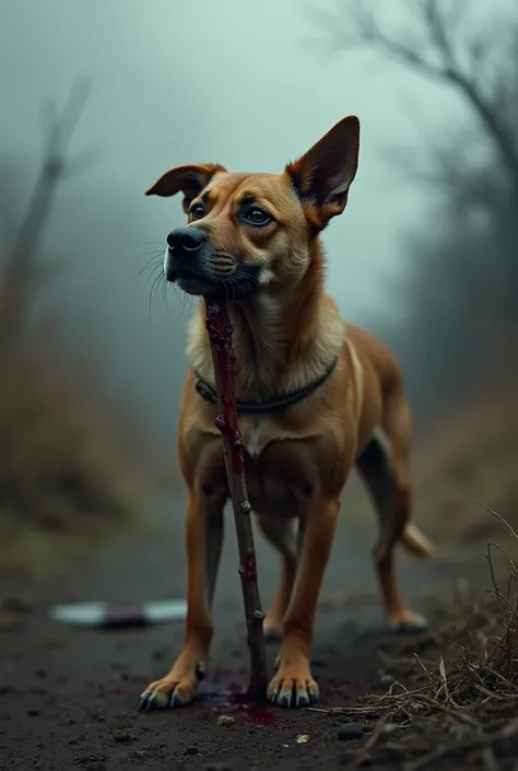 Dog with a stick stuck in its chest
Mueto