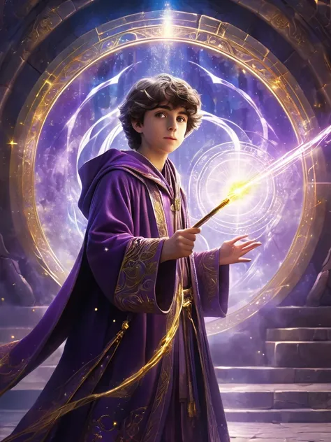 A young wizard stands in front of a mysterious portal, dressed in a magnificent robe and holding a shimmering wand. His eyes revealed curiosity and determination towards the unknown world. The art style is fantastic, with purple and gold as the main colors...