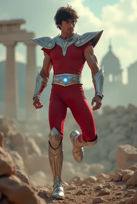 full body photo, A real man similar to Pegasus Seiya in the Saint Seiya movie., Seiya-style short brown hair, Red tight short-sleeved shirt and long pants, Wearing a silver headgear, Chest protection equipment, limbs, Silver belt with blue light on the fro...