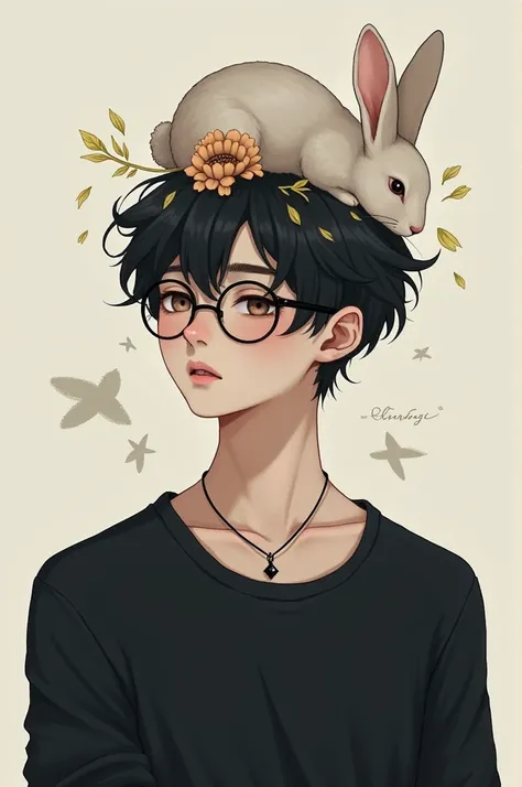 Man, black hair, rabbit, glasses, black shirt, black necklace, flower on head