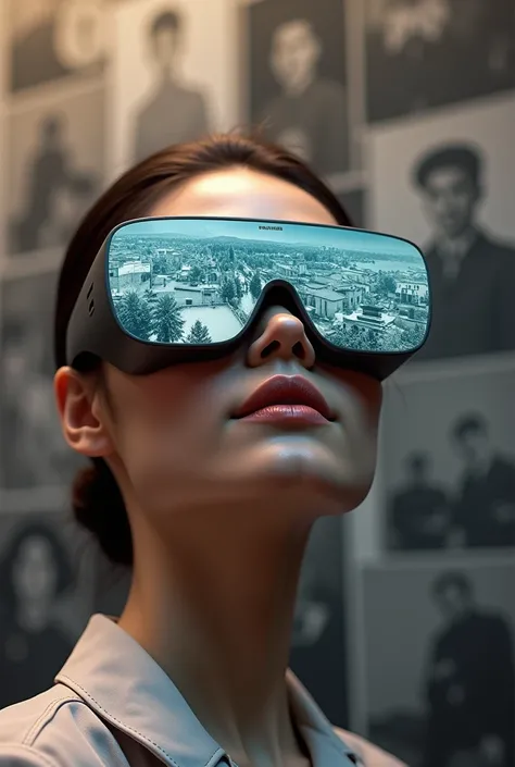 Give me a first person view of a vr glasses that look like a sunglasses, I want this glasses to have pictures on the glass like and I want the surrounding background to have historical war pictures of vietnamese in Cần Giờ. Most importantly i want just the...