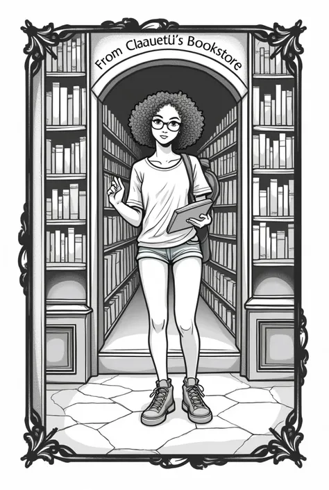  Make me an ex-libris where it says From CLAUDIAs bookstore and a girl with glasses comes out,  curly hair and reading a book , Make it a background png , Besides that it has like a black frame and is all black and white 