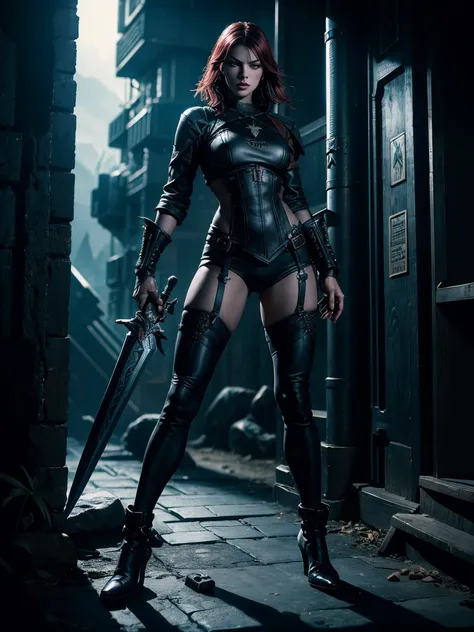 Space Pirate Milla Jovovich, arafed woman in a black outfit with a gun in her hand, witcher)), from witcher (2021), the witcher, cyberpunk dark fantasy, witcher, diablo 4 queen, mother of witchers, she is holding a sword, vampire queen, cinematic goddess s...