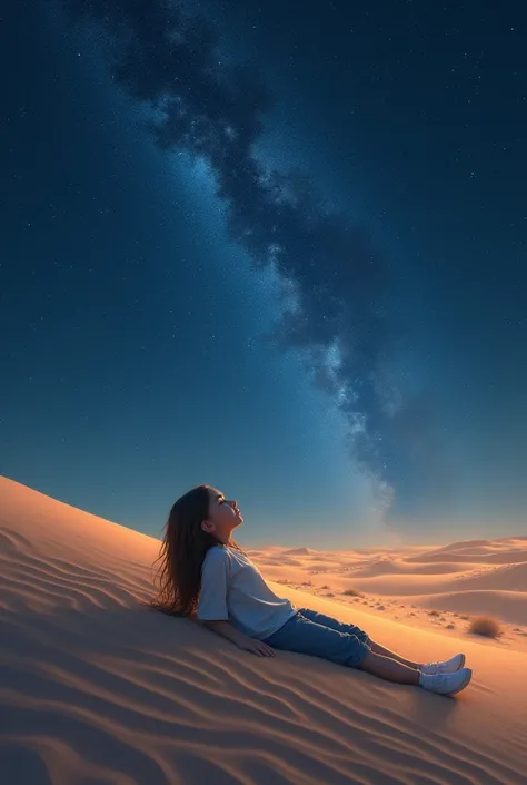 Girl lying down watching the starry sky in the middle of the desert image in high resolution 4k
