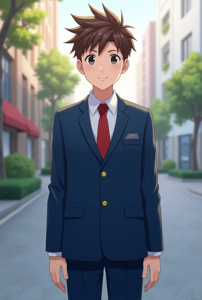 front view, solo, brown hair, black eyes, spike hair, very short hair, looking at viewer, alone boy, smiling, long sleeves, outdoors, office district, morning, standing, mouth closed, upper body, blue jacket, white shirt, collared shirt, red tie, blue pant...