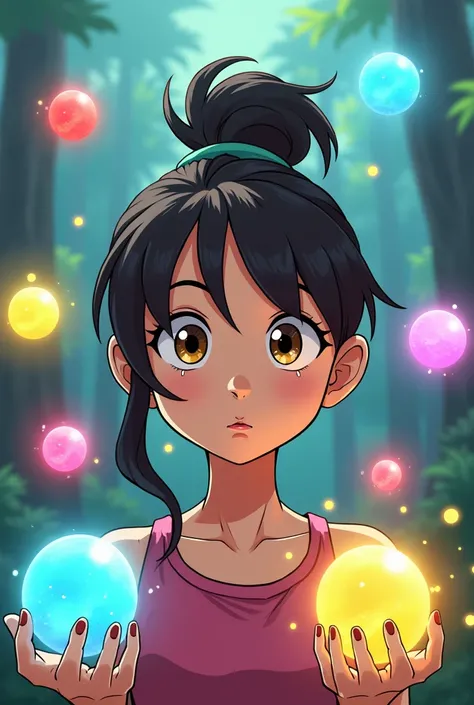 
 young woman with brown eyes made a cartoon finding the dragon spheres from Dragon Boll z, Let the 7 spheres be seen (All the spheres that are 7 )