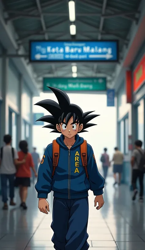 Create a realistic 4D anime image of the character Son Goku, wearing a blue jacket that says "Arema" and carrying a backpack, walking in the hallway of an Indonesian station. You can see the atmosphere of the station with a typical Indonesian design, compl...