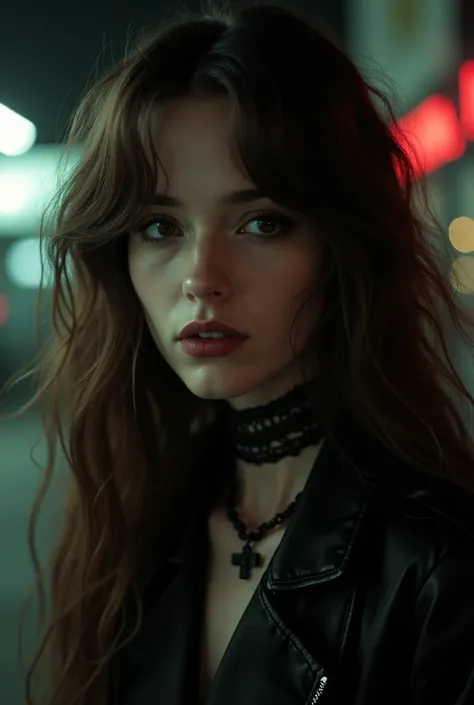 A goth girl with a tongue piercing, long, wavy brown hair, fair skin, and dark brown eyes. 90s movie character style