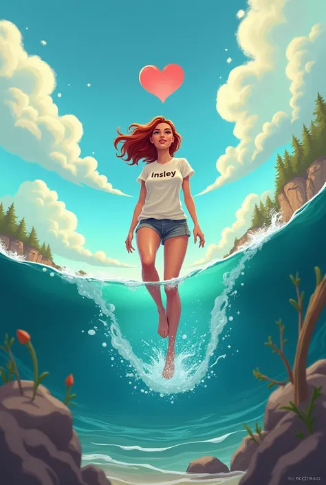 A beutiful woman with a tshirt written INSLEY and below  a picture write the word  BY MROSSO  and a picture to be animated or cartoon form and a woman should be seen middle of sea looking around while sea is divided into two types and form a love round and...