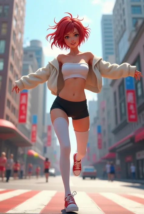  Little woman  ,  thin waist  ,  wide hips and huge breasts  ,  ultra detailed 3d anime ,  short disheveled red hair  ,  wore a white sweater with very long sleeves ,  open showing torso  ,  small short tied in black lycra  ,  white thigh-length stockings ...