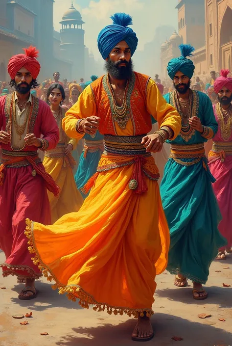 Some people are dancing to the beat of the drum, those people are wearing Punjabi clothes and Punjabi culture.
