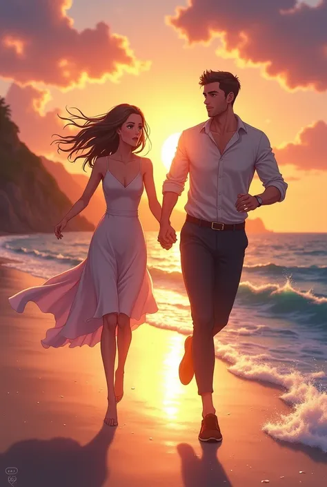 Novel cover photo of a very handsome man running hand holding hands of a very beautiful woman. Seaside in the evening anime