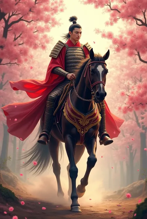 Make the image of a man on a horse in a cherry blossom vibe