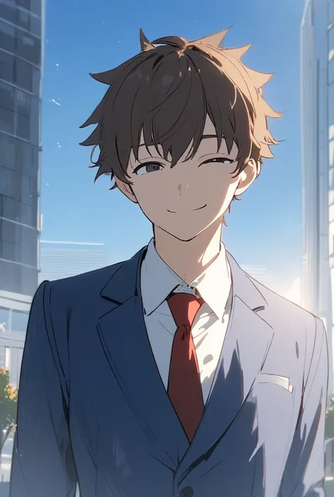 front view, solo, brown hair, black eyes, spike hair, very short hair, looking at viewer, young man alone, smiling, long sleeves, outdoors, office district, morning, standing, mouth closed, upper body, blue jacket, white shirt, collared shirt, red tie, blu...