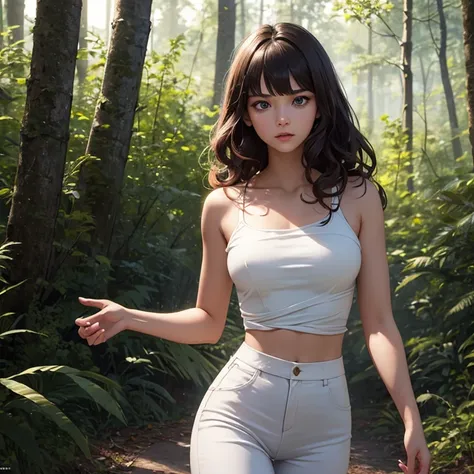 8k, best quality, masterpiece, highly detailed, semi realistic, a girl, a girl, 20 years old, looking at hands, long dark brown hair with bangs, curly hair, green eyes, black russian style cut clothes, white pants, bare shoulders, golden details, thin figu...