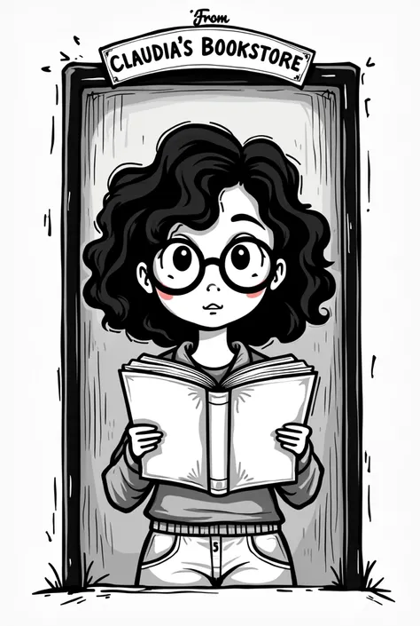  Make me an ex-libris where it says From CLAUDIAs bookstore and a girl with glasses comes out,  curly hair and reading a book , Make it a background png , Besides that it has like a black frame and is all black and white. That only his face can be seen and...