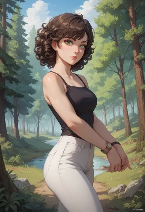 8k, best quality, masterpiece, highly detailed, semi realistic, a girl, a girl, 20 years old, looking at hands, long dark brown hair with bangs, curly hair, green eyes, black russian style cut clothes, white pants, bare shoulders, golden details, thin figu...