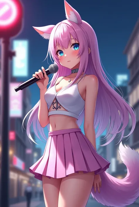 Chica anime,tennage girl 18 years old, anime style, cute kotori date alive, Chica tímida , Orejas de Kitsune, arte de dark natasha, city landscape, arte de vixen aztra, cuerpo completo, patas hermosas, cintura delgada, caderas amplias, navel white blouse, ...