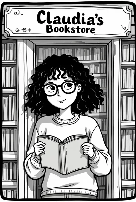  Make me an ex-libris where it says From CLAUDIAs bookstore and a girl with glasses comes out,  curly hair and reading a book , Make it a background png , Besides that it has like a black frame and is all black and white. That only his face can be seen and...